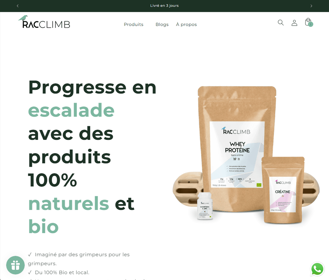 Homepage of the Racclimb e-commerce store