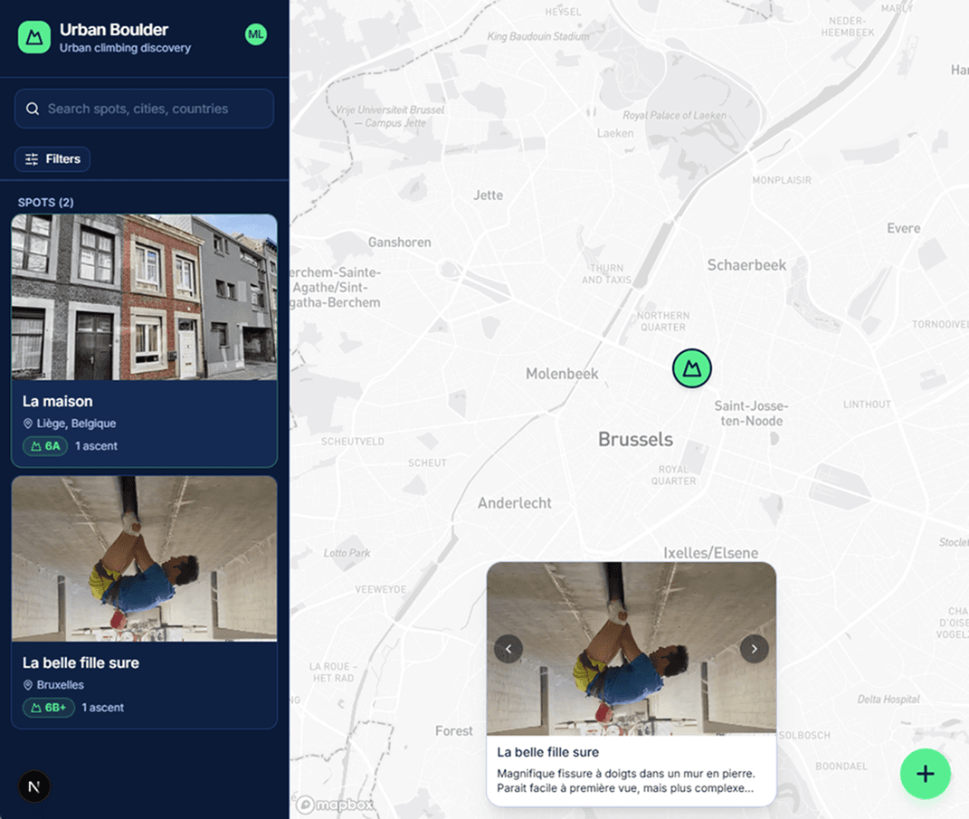 Preview of the Urban Boulder platform: interactive map of urban climbing spots